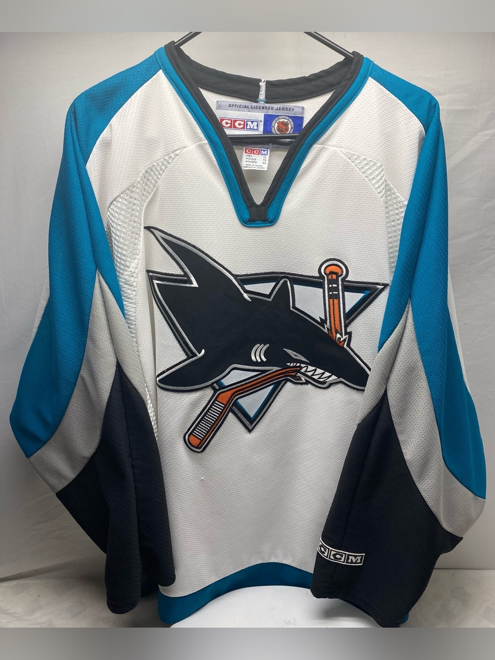 Vintage 90s San Jose Sharks CCM Jersey White Embroidered NHL Hockey Mens XL